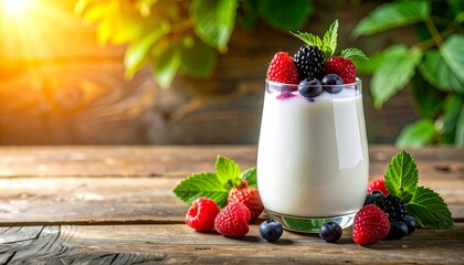 Drinking yogurt and fresh berries. Yogurt with wild organic berries on a wooden table. Farm healthy homemade yogurt. Diet food. Healthy breakfast. Place for text. sweet