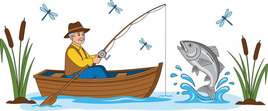 Elderly fisherman in a wooden rowboat catching a large jumping trout fish in a peaceful lake surrounded by cattails and dragonflies vector illustration.