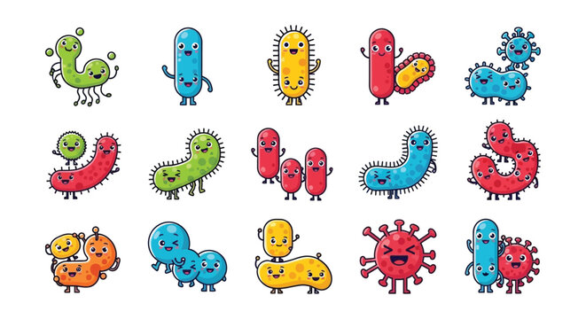 Cartoon depiction of various colorful and expressive bacteria characters