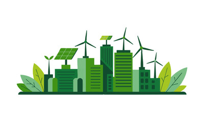 Fototapeta premium Green eco city skyline with wind turbines and solar panels vector illustration.