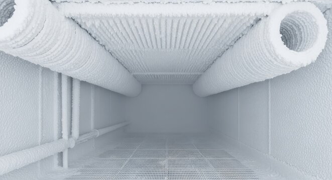 Interior view of an industrial refrigeration space completely covered in thick frost and ice