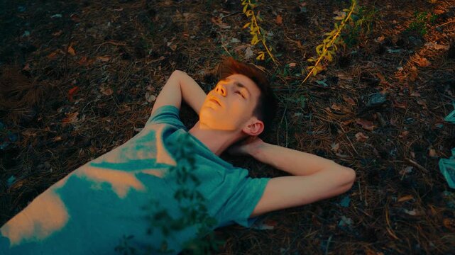 Man lying on pine forest ground looking at sky relaxing in nature