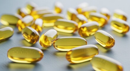 Numerous golden oil-filled softgel capsules are scattered across a pale surface in a close up view