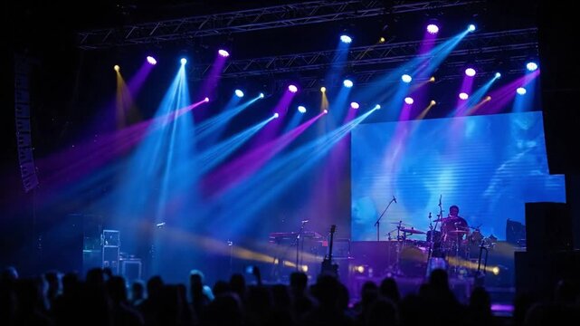 Live music concert stage with colorful light beams and audience silhouettes in dark venue