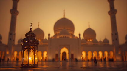 Mosque lit at dusk with golden domes