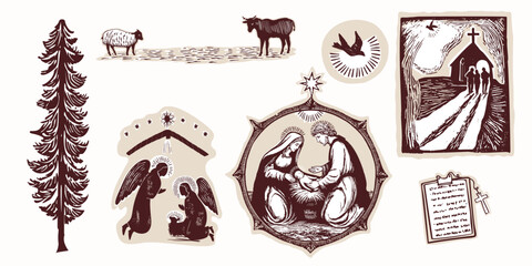 Fototapeta premium Hand drawn angelic nativity set for Christian Christmas card design. Black and White Angels, church, baby Jesus, Mary Joseph, Holy Spirit Isolated vector for Noel Church scene in religious faith. 