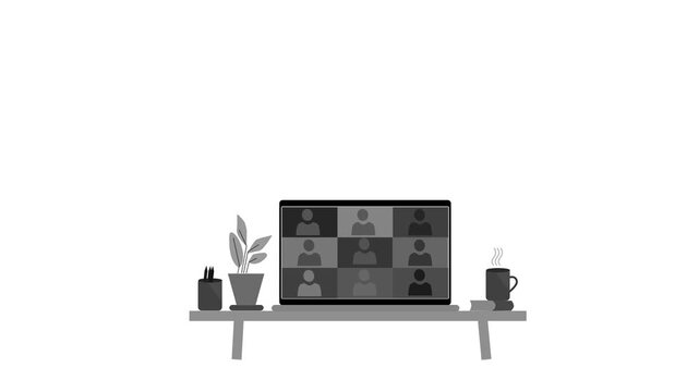 Animation of a virtual meeting on a laptop with a minimalist desk setup