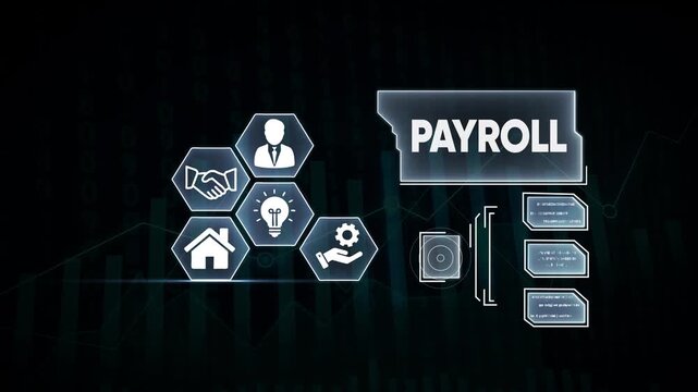 Digital interface displaying payroll icons and data with futuristic HUD elements Keywords: payroll, business, finance, human resources, icons, technology, digital, interface, HUD, futuristic