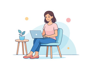 Woman using laptop on chair with plant, flat vector illustration
