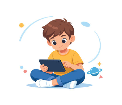 Child playing on tablet with planets around, flat vector illustration