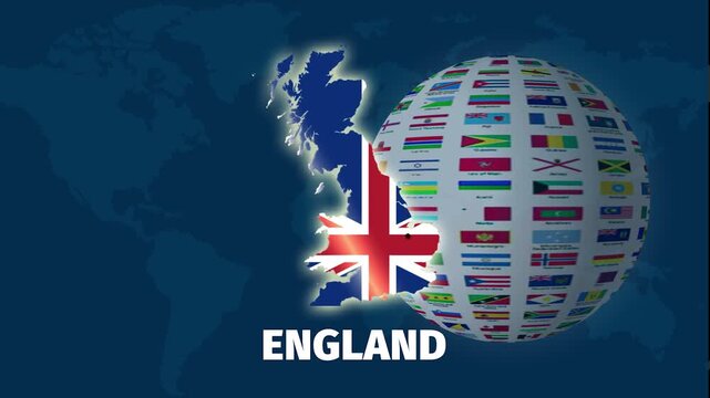 England map animation with rotating flag globe background