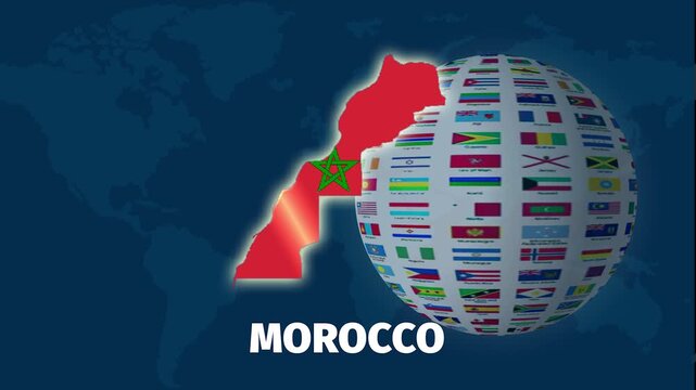 Geographical map of Morocco, video with rotating flag sphere background, animation