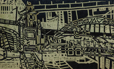 Obraz premium Abstract sketch of industrial architecture on a black background. Architectural fantasy.