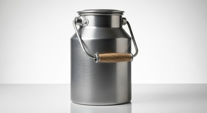 Traditional metal container designed for transporting liquid contents stands centered against a bright white background.