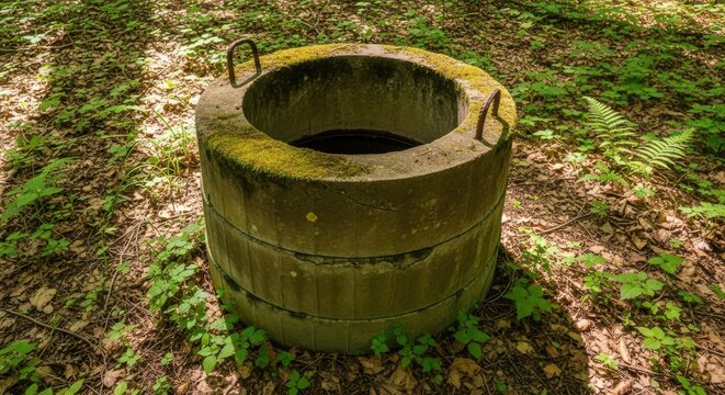 Weathered concrete well casing sits abandoned amidst dense forest undergrowth