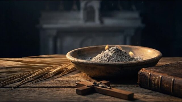 Ash Wednesday composition with burning ashes palm leaf bible and cross on wooden table in church