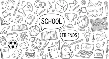 Cute hand drawn school doodle illustration with education icons, books, math, music, sports, friends, black and white line art set
