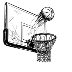 Naklejka premium Basketball going through hoop, sketch style, dynamic action shot