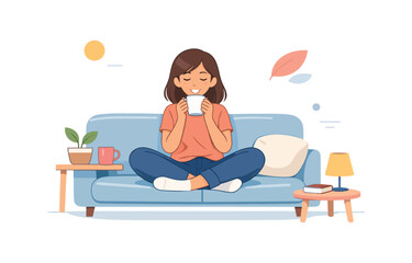 Woman relaxing with coffee on sofa in living room, flat vector illustration