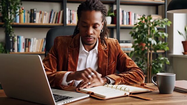Contemporary black man working in society office with laptop planner notebook books and plants
