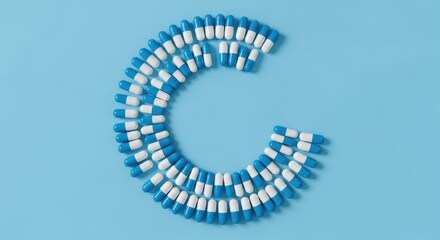 Numerous blue and white capsules are arranged to form the shape of the letter C on a light blue background.