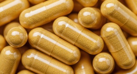 Close up view of multiple golden yellow powder filled gelatin capsules scattered across a surface.