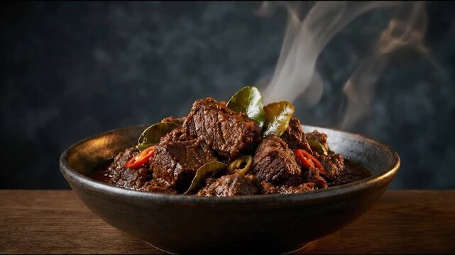 Steaming Beef Rendang Stew with Lime Leaves and Chili in Dark Bowl