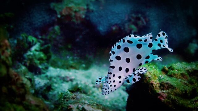 A black-white beautiful juvenile grouper floating on a tropical reef representing biodiversity and a gentle ocean vibe
