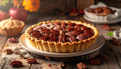 Deliciously Fresh Pecan Pie Resting on Rustic Wooden Table wooden