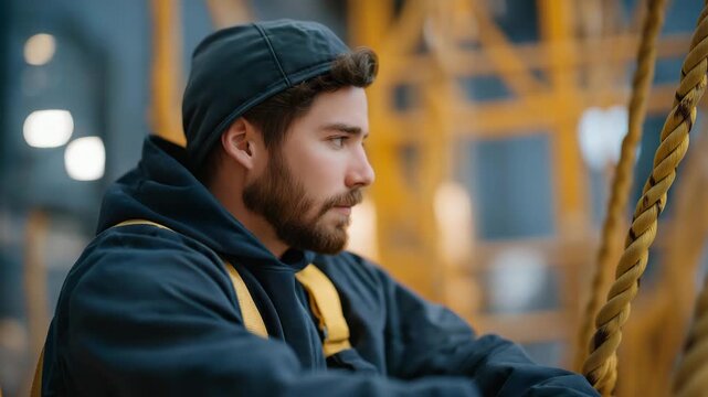 Specialized labor environments require workers to remain secured with ropes, ensuring safe access to vertical or unstable work areas. cinematic color correction, natural uneven lighting yet gentle