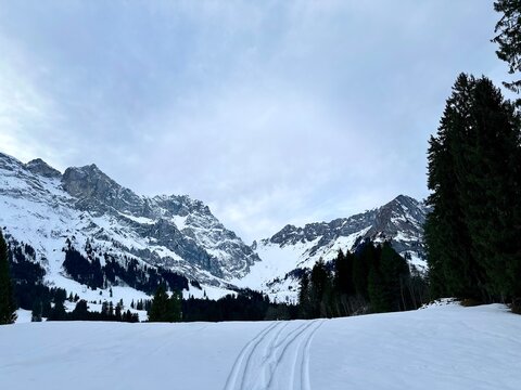 snow covered mountains. Panorama of mountains in Engelberg, Switzerland.