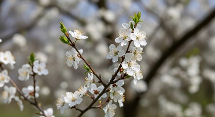 Obraz premium Close up of blooming white flowers on a branch against a blurred background