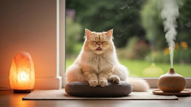 Fluffy cat meditating by window with salt lamp and diffuser