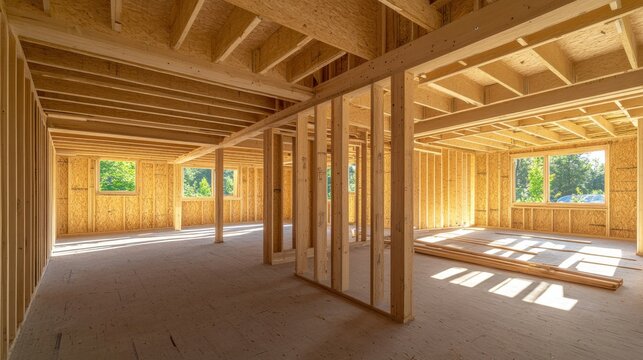 Construction interior showing unfinished wooden framing beams and planks for a new residential building with sunlight casting shadows