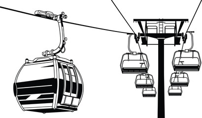 Cable car gondola lift illustration showing mountain ski resort transport system with cabins tower and cableway details in black and white vector © World_Of_Vector