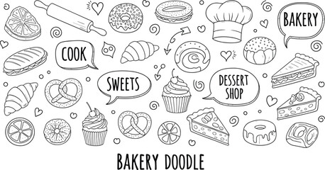 Hand drawn bakery doodle collection with breads pastries desserts sweets cooking tools and bakery shop elements in black and white line art