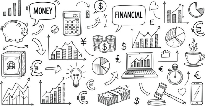 Financial doodle illustration featuring money symbols charts calculator savings investment banking icons hand drawn line art design for business finance concepts