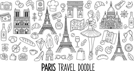 Fototapeta premium Hand drawn Paris travel doodle collection featuring Eiffel Tower landmarks fashion food culture icons black and white line art illustration set