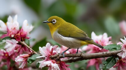 Obraz premium Vibrant Bird Perched on Blooming Pink Flowers in Nature Setting