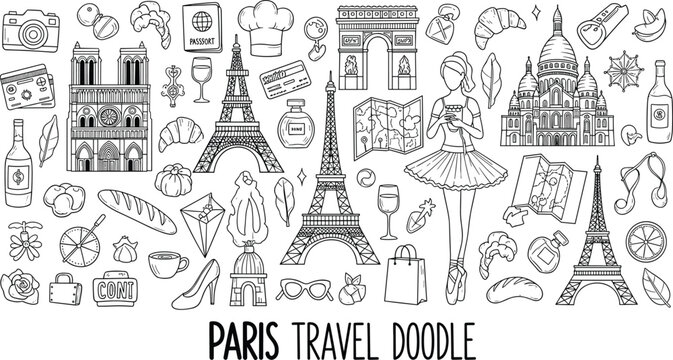 Hand drawn Paris travel doodle collection featuring Eiffel Tower landmarks fashion food culture icons black and white line art illustration set