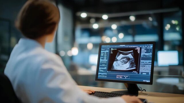A hospital setting shows specialists analyzing a fetal ultrasound scan to monitor baby&rsquo;s development, ensuring healthy growth and early detection of concerns. cinematic color correction, natural