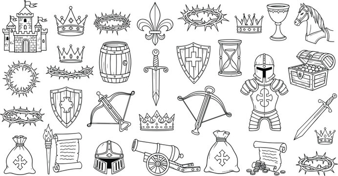 Hand drawn medieval doodle icons collection featuring castle crowns swords shields armor treasure black and white line art illustration set