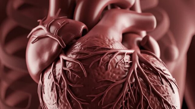 Detailed three dimensional medical illustration of a realistic human heart organ showing the intricate network of coronary arteries and surface texture for cardiology concepts