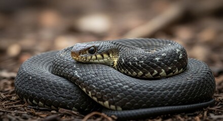 Obraz premium A coiled, dark-scaled reptile rests on forest floor, watchful