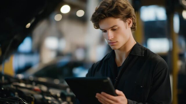 A mechanic reviews live data streams while performing car testing, relying on computerized engine diagnostics to locate errors and optimize performance. cinematic color correction, natural uneven