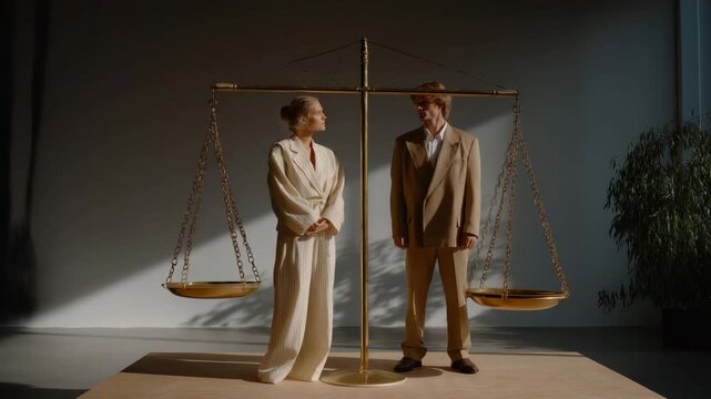 A minimalist conceptual scene uses imbalancing scales to represent unfair judgment, distorted priorities, or compromised balance. cinematic color correction, natural uneven lighting yet gentle
