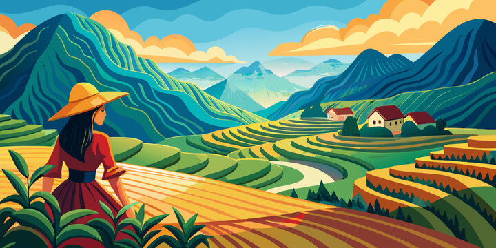 Yao woman on rice terrace in the mountain, Dazhai, Longsheng, Guangxi Province, China
