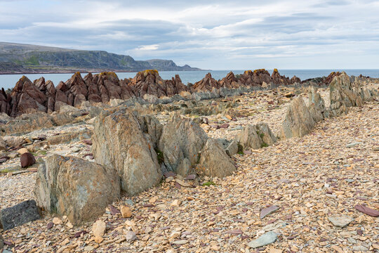 Sharp rock formations by the Barents Sea in Varanger, Northern Norway