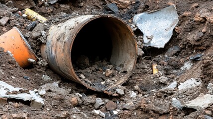 Obraz premium Exposed rusty pipe in eroded ground revealing underground infrastructure damage and debris
