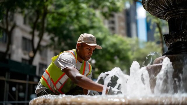 A realistic city maintenance job captures a cleaner restoring a public fountain, supporting community spaces, water hygiene, and municipal service quality. cinematic color correction, natural